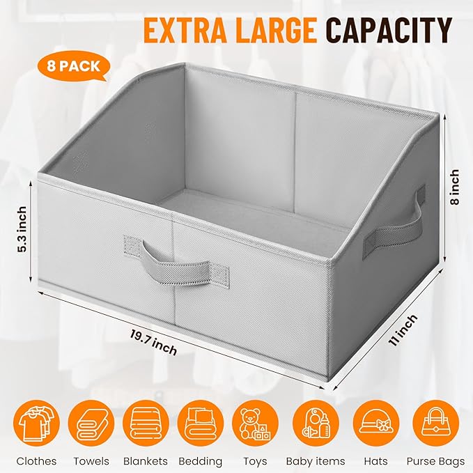 Extra Large Closet Organizers Bins 8 Pack - Blanket Basket for Organizing/Home Clothes Storage Bins for Jeans/Toy Organizers for Nursery/Wardrobe Shelf Closet Organization for Purse Hats Towel