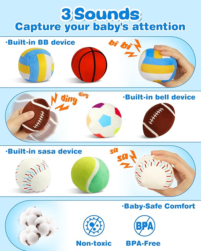 Vanmor Sensory Sports Balls for Babies 6-12M+, 6 Pack Machine Washable Plush Ball Set with Crinkle, Rattles, Squeaky Sounds, Toddler Learning Toys, Portable Travel Bag, Baby Shower Toy for Newborn