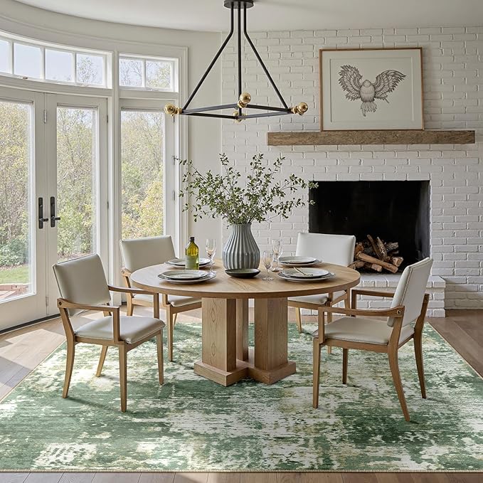 Washable Area Rugs 5'x7' Non-Slip Modern Abstract Soft for Living Room Entryway Bedroom Nursery, Print Pattern, Light Green/Yellow