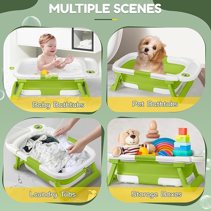 Collapsible Baby Bathtub,Baby Bath Tub with Thermometer & Soft Cushion,Baby Bathtub for Newborn to Toddler 0-36 Months,Portable Travel Baby Tub with No-Slip Feet,Baby Shower Gifts,Green