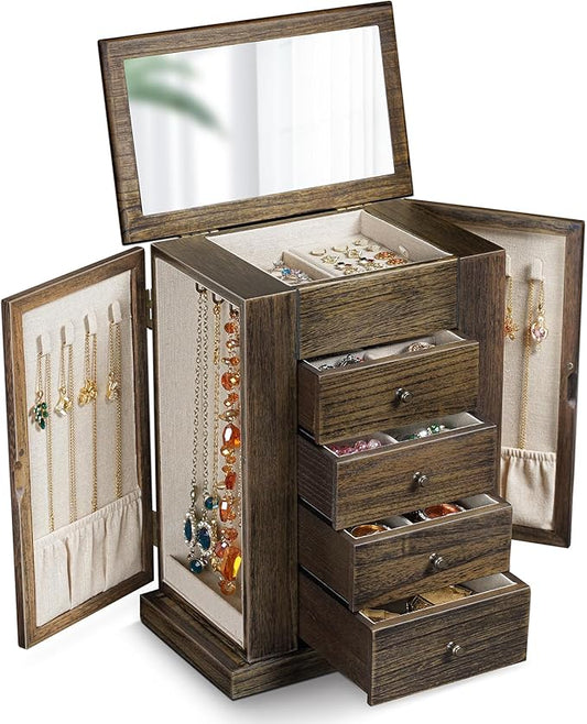 Jewelry Box for Women, 5 Layer Large Wood Jewelry Boxes & Organizers for Necklaces Earrings Rings Bracelets, Rustic Jewelry Organizer Box with Drawers and Mirror(Vintage)