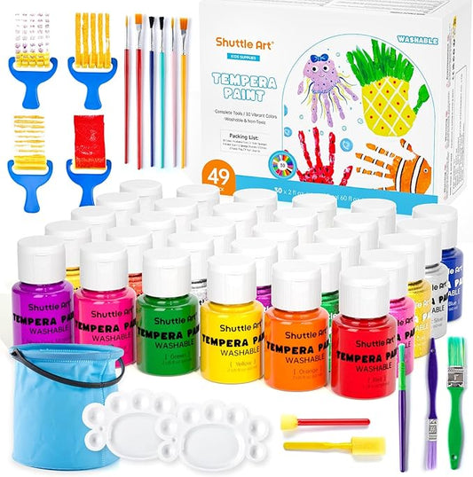 Shuttle Art Tempera Paint, 30 Colors Washable Paint for Kids, 2oz/60ml Bottle, Non-toxic for Toddlers with Glitter Metallic Neon Colors, For Art, Crafts and School Projects