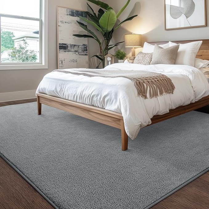 Kimicole 7x10 Washable Area Rugs for Living Room Bedroom, Large Low Pile Ulta-Thin Solid Color Rug, Non-Slip Soft Fluffy Carpet for Nursery Kids Room Dorm Room Home Decor (Grey)