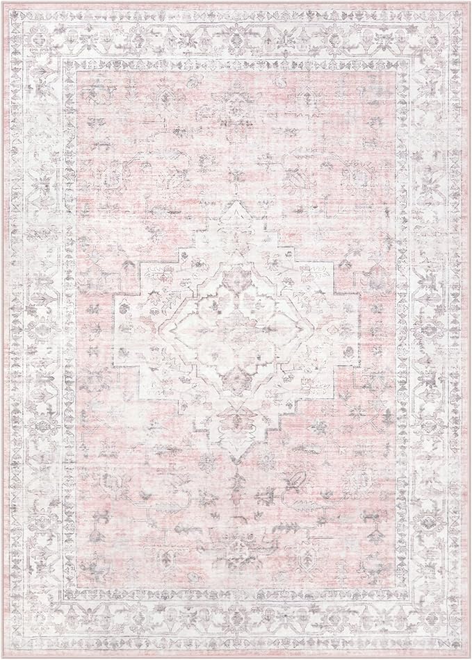 LIVEBOX Pink 10x14 Area Rug for Bedroom Girls, Boho Washable Rugs for Living Room Nursery, Non-Slip Indoor Soft Carpet Low-Pile Farmhouse Carpets for Dining Room Kids Playroom, Pink