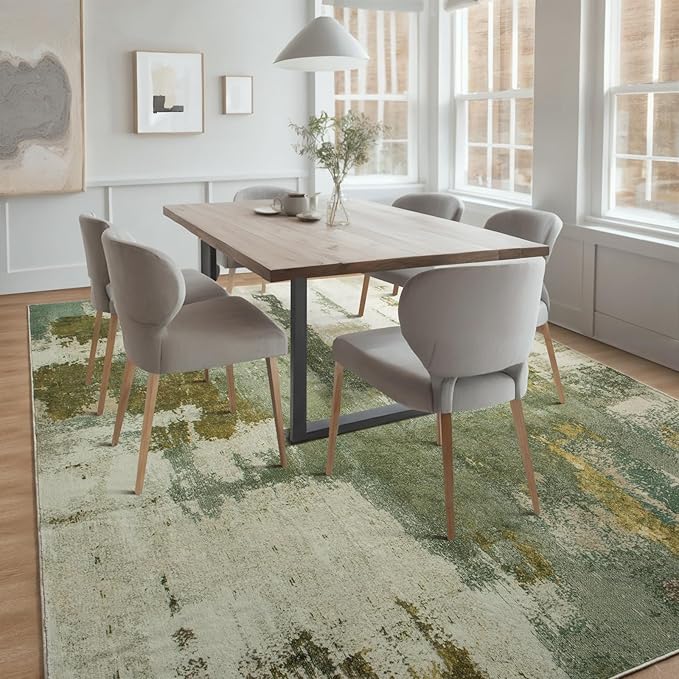 Kelarea Living Room Rug, 8x10 Rug Modern Abstract Washable Rugs Green Faux Wool Vintage Carpet, Non Slip Large Rugs for Bedroom, Dining Room, College Dorm, Home Office
