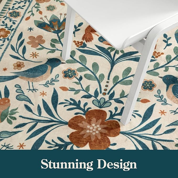 Moynesa Washable 3x5 Rug, Non Slip Kitchen Rugs Boho Bird Small Beige Living Room Area Carpet for Office Bedroom Bathroom, Indoor, Ultra Thin, Soft, Stain Resistant, Floral Entryway Mat