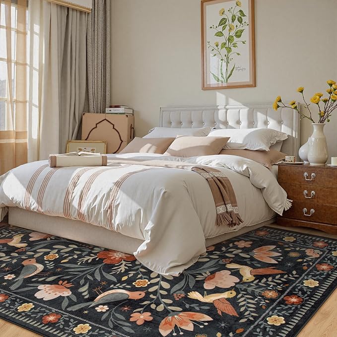 Moynesa Machine Washable 6x9 Area Rugs, Boho Bird Ultra Thin Living Room Rug Non Slip, Soft, Stain Resistant, Indoor Black Large Throw Carpet for Bedroom Office Dining Room Under Table