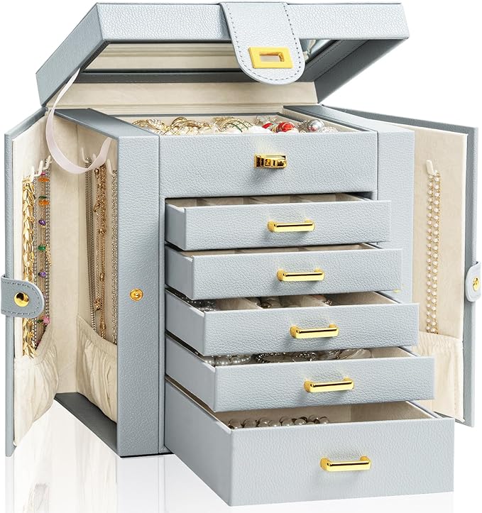 AKOZLIN Functional 6-Tier Jewelry Box Organizer with 5 Drawers Leather Jewelry Storage Case for Women Girls Ring Necklace Earring Bracelet Holder Organizer with Mirror Grey