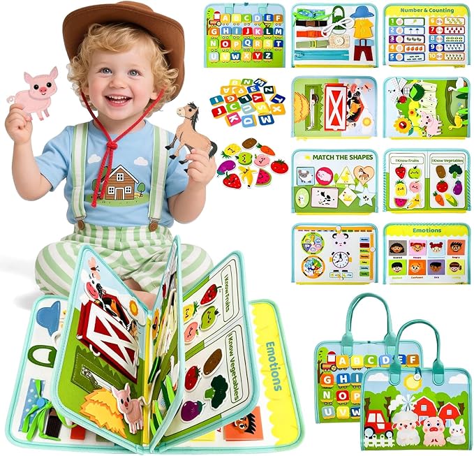 Busy Book for Toddlers 1-3 - Farm Montessori Toys Busy Board for 1 Year Old Boy Girl Gifts Educational Learning Activity Book Toddler Airplane Travel Toy 1+ Years Old Birthday Gift