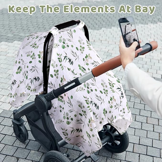 Rquite Car Seat Cover for Girl Boy, Muslin Cotton Infant Car Seat Canopy, Breathable Baby Carrier Cover, Summer Stroller Sun Shade, Leaf
