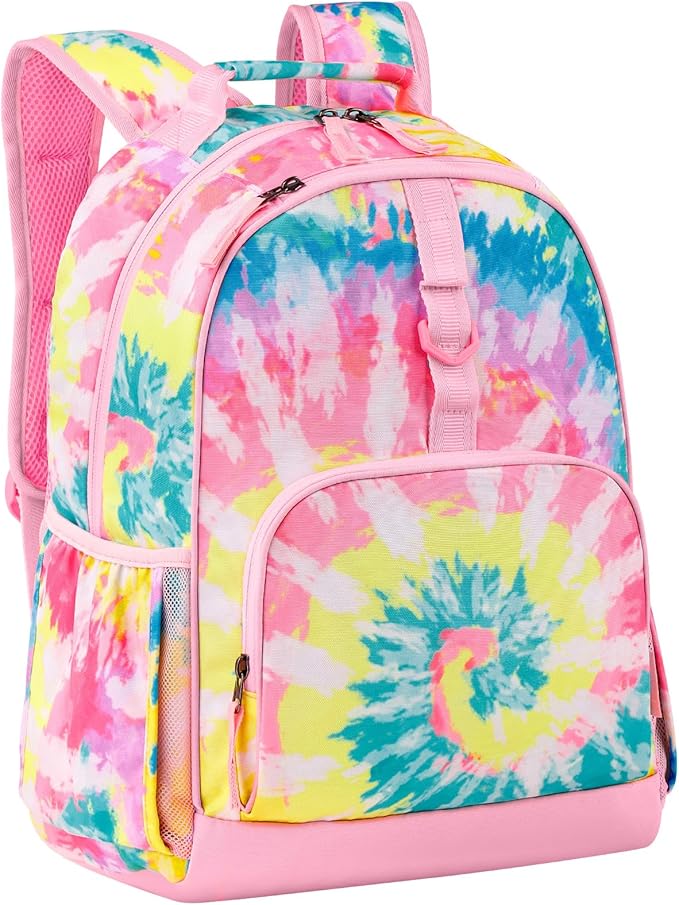 Choco Mocha Tie Dye Backpack for Girls, Elementary School Backpack for Girls Ages 6-8 Kids Kindergarten Backpack Bookbag 17 Inch with Chest Strap, Colorful