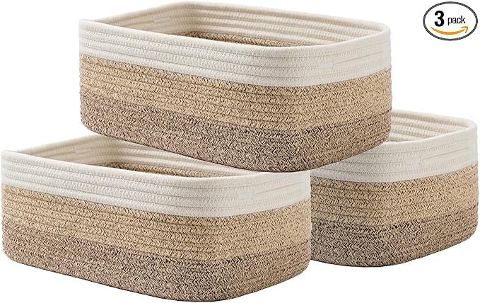 Small Woven Basket, 13.5 x 9.5 x 5 Inches, Storage Basket for Organizing, Cute Small Rope Shelf Closet Cube Storage Bins Baskets for Shelves, Dog Toy Gift Baskets Empty, 3 Pack Gradient Brown