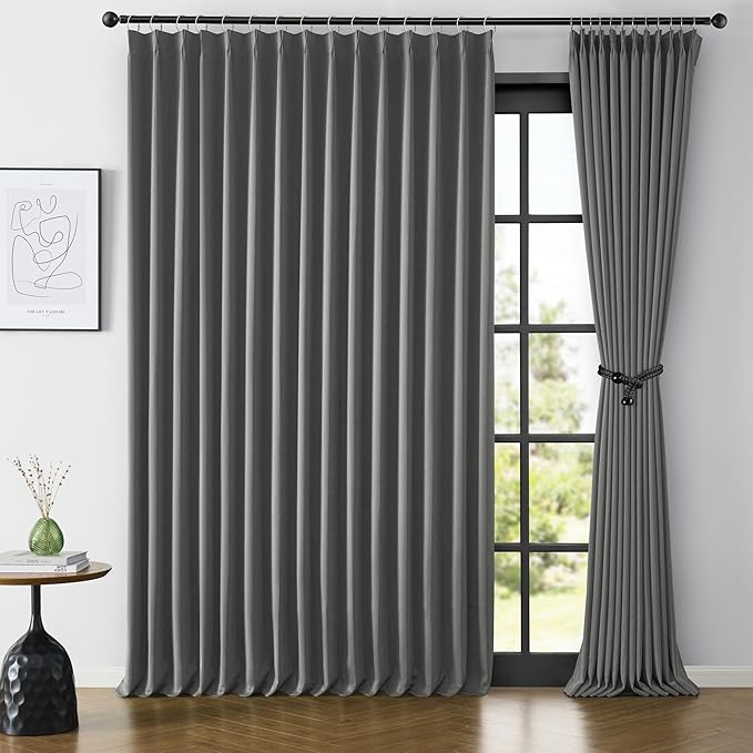 KEQIAOSUOCAI Extra Wide Blackout Curtains 90 Inches Long, Pinch Pleated Curtains for Sliding Door/French Door Room Divider Panels for Living Room 100 Inch Width 100x90 Grey
