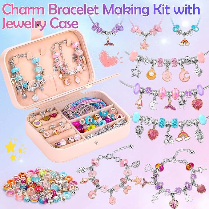 Charm Bracelet Making Kit with Bracelet Organizer Box Beads Mermaid Pendants for Jewelry Making DIY Craft Kit for Birthday Gifts Valentine Christmas