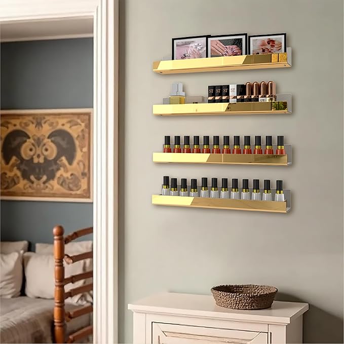 4 Pack 15 Inch Gold Reflective Acrylic Shelves, Gold Foating Shelves, Modern Sunglasses Essential Oil Picture Ledge Display Toy Storage Shelf