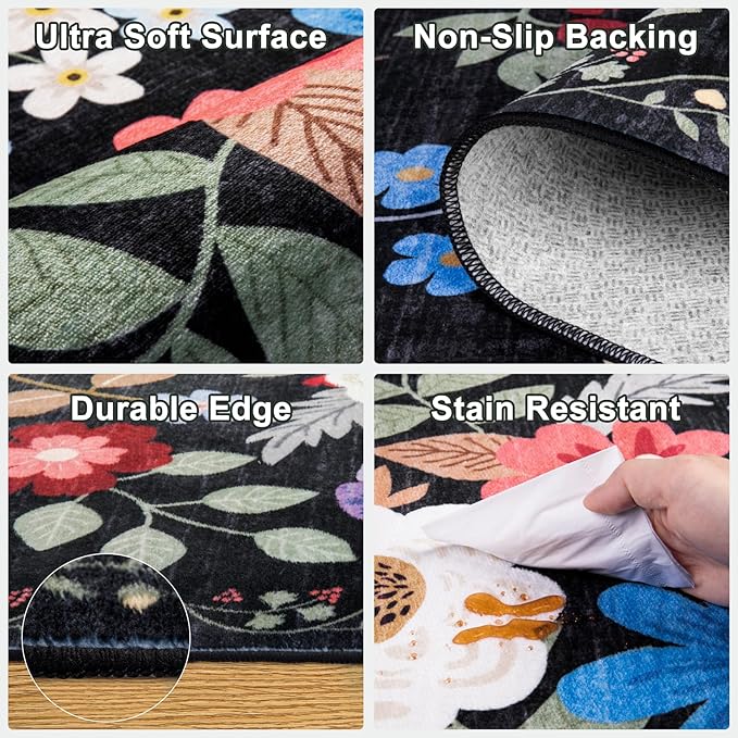 Runner Rug for Entryway: 2x10 Kitchen Rugs Non Slip Washable Ultra-Thin Soft Floral Carpet Indoor Floor Stain Resistant Carpets for Hallway Bedroom Kitchen Laundry Bathroom Dorm Black