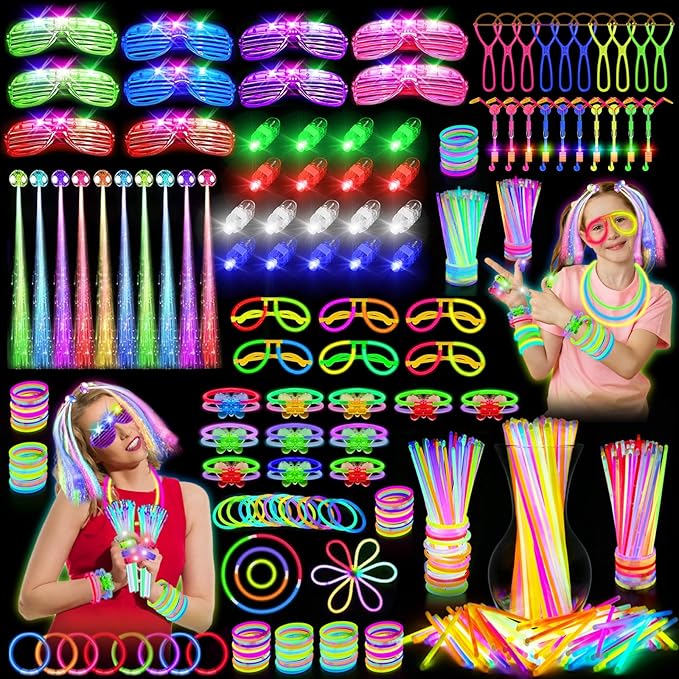 Glow in the Dark Party Supplies, 264 PCS Light Up Party Favors with LED Glasses,Glow Sticks,Finger Lights,LED Hair Clips,Slingshot,Glasses Molds,Butterfly Bracelet for Birthday,Raves,New Year