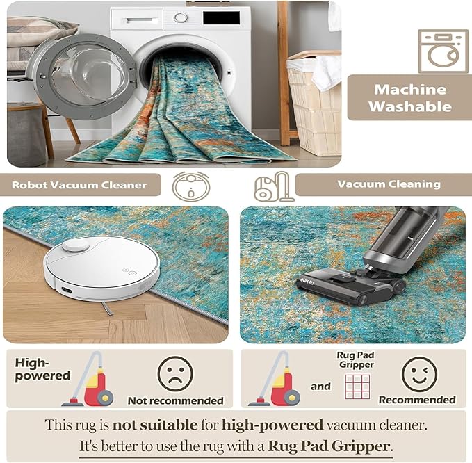 Washable Area Rugs 2'x8' Non-Slip Modern Abstract Soft for Living Room Entryway Bedroom Nursery, Print Pattern, Teal Blue Green Orange Rust Red Colorful