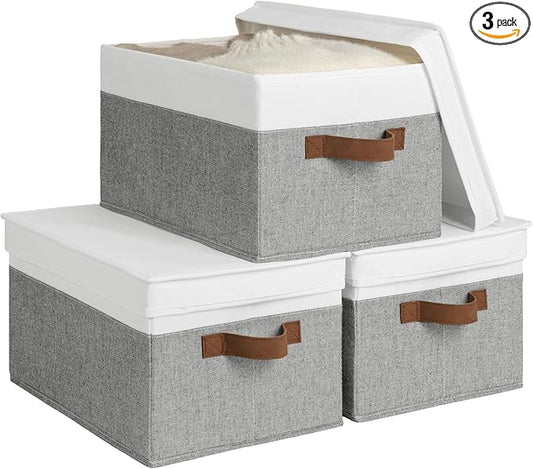 StorageWorks Large Storage Bins with Lids, Decorative Storage Boxes with Lid and PU Handles, Foldable Storage Baskets for Closet, Shelves, Stackable, Gray and White, 3-Pack