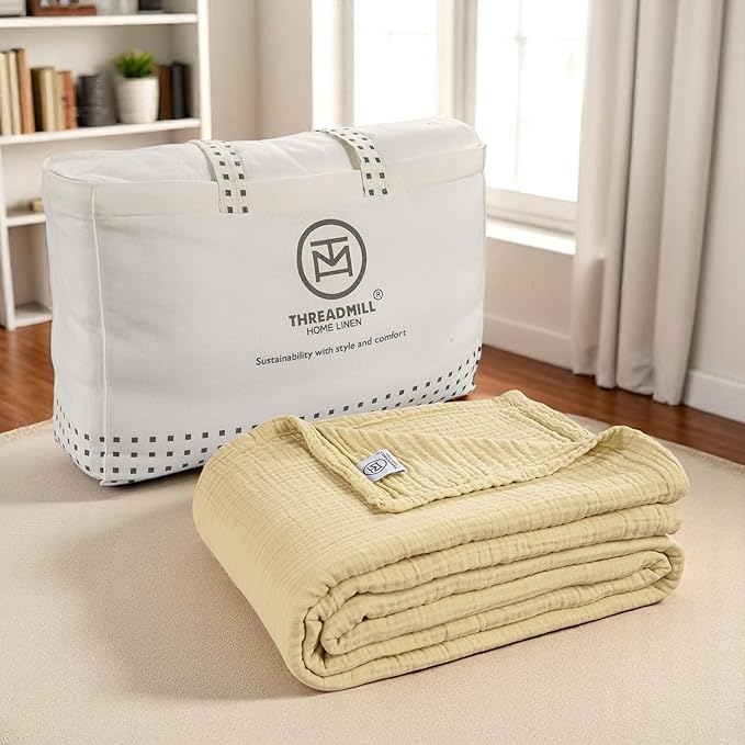 Threadmill Summer Muslin Blankets Queen Size | 100% Cotton 4 Layer Gauze Blanket | Soft, Breathable and Cozy Blanket | Cozy, Lightweight Blankets for Bed Seasons | Beige