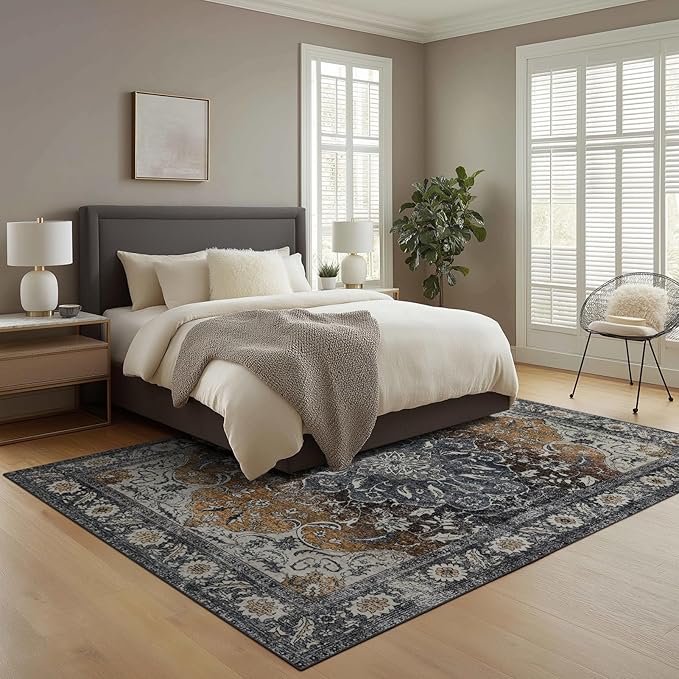 Washable Rugs 5x7 Area Rugs for Living Room, Thin Carpet for Bedroom, Soft Faux Wool Retro Dining Room Rug，Non Slip&Non-Shedding Resistant Low Pile Vintage Print Rug for Home Office (Tan/Gray)