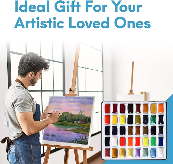 Mozart Premium Japanese Watercolor Paint Set - 40 Rich Colors with Metallic, Neon Pans - Artist-Quality Set for Adults, Kids & Students - Water Color - Metallic Watercolor Paints