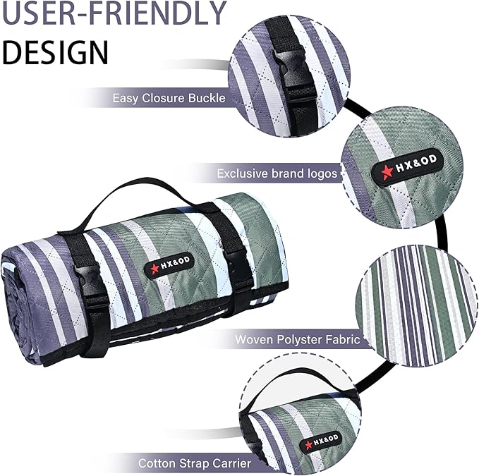 HX&OD Outdoor Picnic Blanket Extra Large, 80''*60'' Waterproof Picnic Mat with Stakes Foldable Camping Blanket Portable with Carry Strap for Beach Mat (Green& White, 80''*60'')