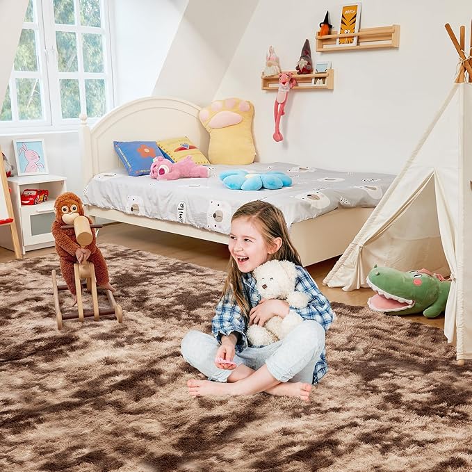 Ultra Soft Rug for Living Room, 5X8 Fluffy Shag Area Rug for Bedroom, Modern Shaggy Carpet Fuzzy Rug for Teens Dorm Nursery Home Decor Aesthetic, Upgrade Anti-Skid Durable, Tie-Dyed Coffee