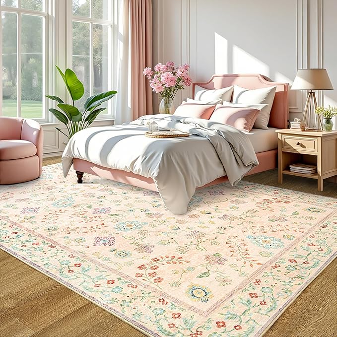 LOCHAS Washable Area Rugs 6x9, Pink Floral Rug for Living Room Bedroom Non Slip, Ultra Soft Vintage Indoor Carpet for Kids, Nursery, Dorm, Dining Room, Classroom, Boho Flower Home Decor, Low-Pile