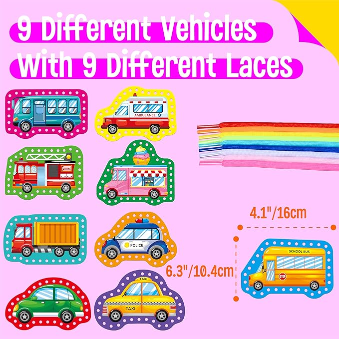 9 Pieces Kids Lacing Cards, Double Sided Sewing Cards in 9 Vehicle Cards with 9 Colorful Laces, Imagination Development Lacing Toys Games for Children Educational and Learning Activity