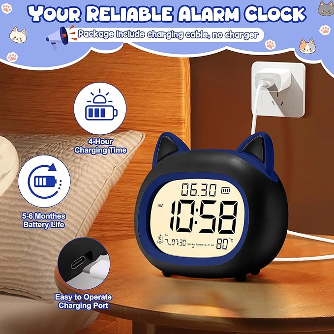Kids Alarm Clock with Night Light for Kids, Small Digital Alarm Clocks for Bedrooms, Routine Builder, Cute Cat Alarm Clock with Sleep Training, Snooze, 12/24H, Date & Day, Temperature, USB Port