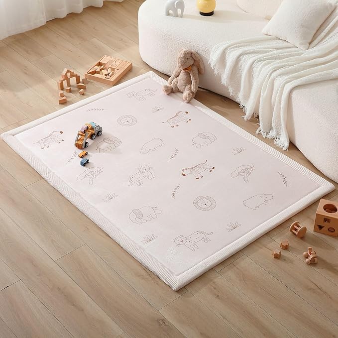 Stylish Coral Baby Play Mat for Floor 47" x 67" Safari Animals – Soft 1" Thick High-Density Memory Foam Nursery Rug,Kids Rug with Non-Slip Backing for Crawling & Playing, Playroom Rug, Kids Carpet