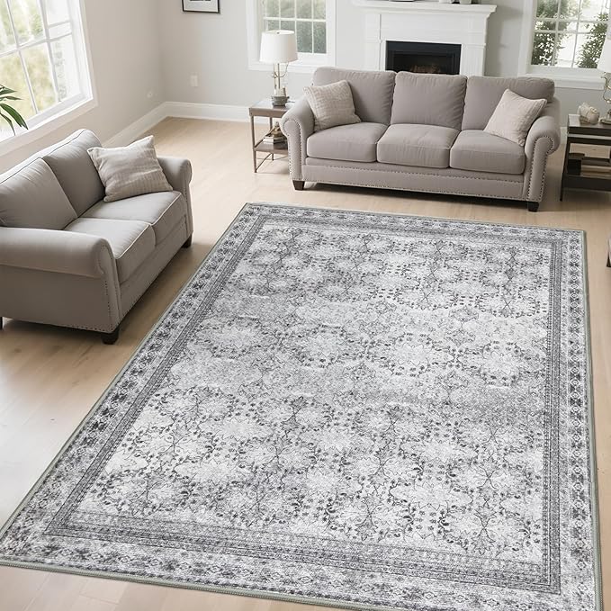 Large Faded Gray 8x10 Washable Area Rug for Living Room, No Shedding Vintage Floral Print Rugs Non Slip, Indoor Foldable Thin Retro Accent Carpet for Bedroom Farmhouse Dining Room