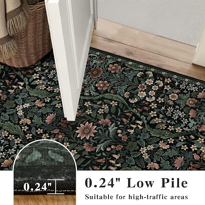 9x12 Black Vintage Floral Area Rug,Washable Large Boho Living Room Rugs,Botanical Print Non-Slip Stain Resistant Lightweight Carpet for Bedroom Dining Room Nursery