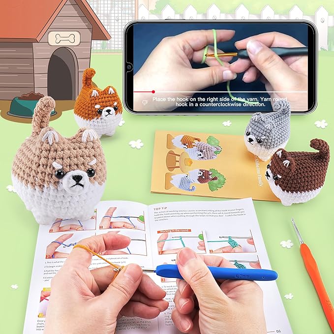 Crochet Kit for Beginners- 4 PCS Fat Shiba Inu Crochet Kits for Adults, 4PCS Corgi Dog Crochet Animal Kit with Step-by-Step Video Tutorials, Yarn, Crochet Hook, Instructions DIY Knitting Kit