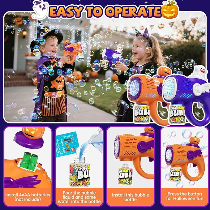 Halloween Bubble Machine Gun for Kids: 2 Pack Automatic Bubble Maker Blaster Toys with LED Lights, 10 Refill Solutions, Pumpkin & Ghost Bubble Blower for Halloween, Party Favor, Toddlers 3-8 Gifts