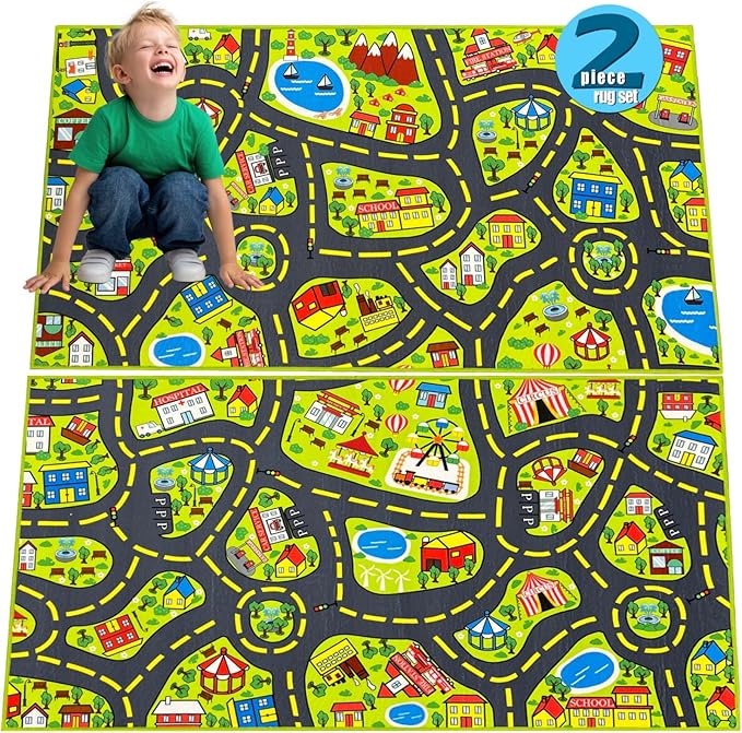 Kids Car Rug Play Mat (2.6x5 Feet) x2pcs, City Road Track Rug for Kids Race Car Track Carpet & Educational