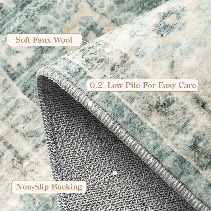 LIVEBOX Washable Rug 2x3 Kitchen Mats for Floor Entryway, Non Slip Front Door Mat for Bathroom Hallway, Boho Low-Pile Small Carpet Farmhouse Throw Indoor Rugs for Bath Sink, Sage Green