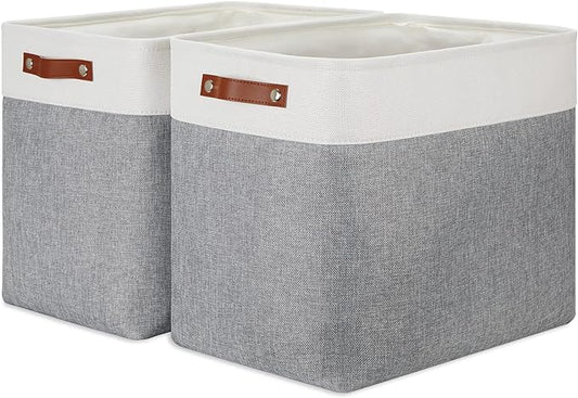 DULLEMELO Extra Large Storage Baskets, Fabric Storage Bins for Organizing Shelves Nursery Toys Books, Closet Baskets and Bins with Handles, White&Grey, 2-Pack