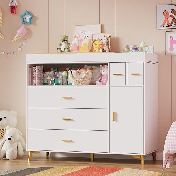 PAKASEPT Changing Table with Drawers, Changing Table Dresser with 5 Drawer & Cabinet