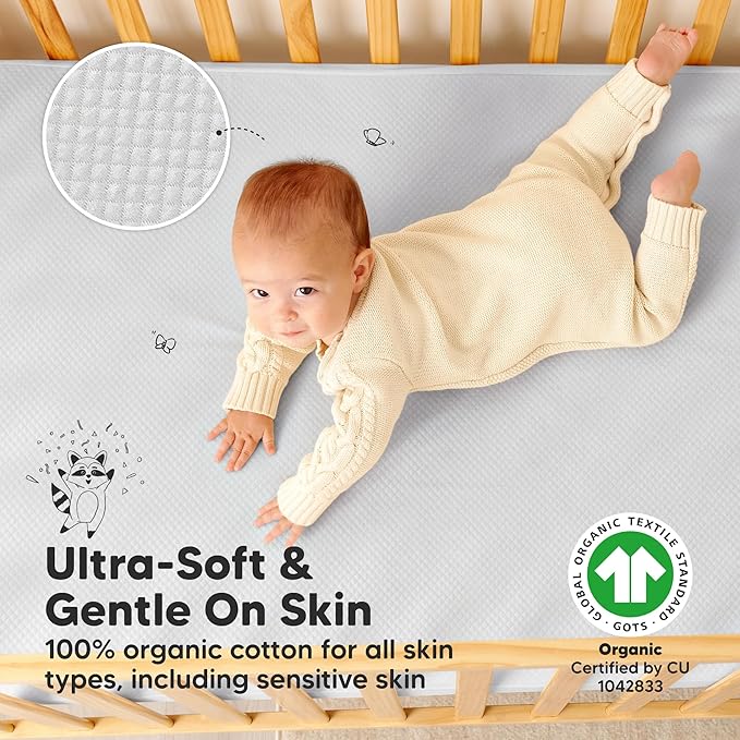 Waterproof Crib Mattress Protector Cover Fitted - 2-Pack Quiet Baby Crib Mattress Pad Sheets, 52" x 28" Soft Quilted Cotton Baby Sheet, Machine Washable, Easy Fit, Durable (Pearl Gray/Quin)