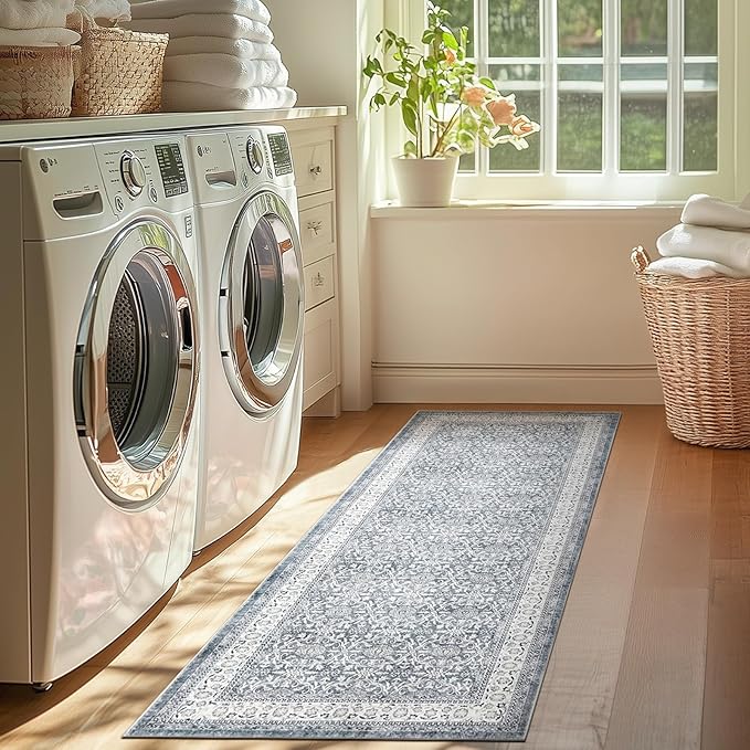 jinchan Runner Rug 2x6 - Machine Washable Grey Vintage Floral Distressed Design Soft Non-Slip Low-Pile Ultra-Thin Runner Rug for Kitchen Hallway Laundry Room Entryway Farmhouse (2‘x6',Grey)