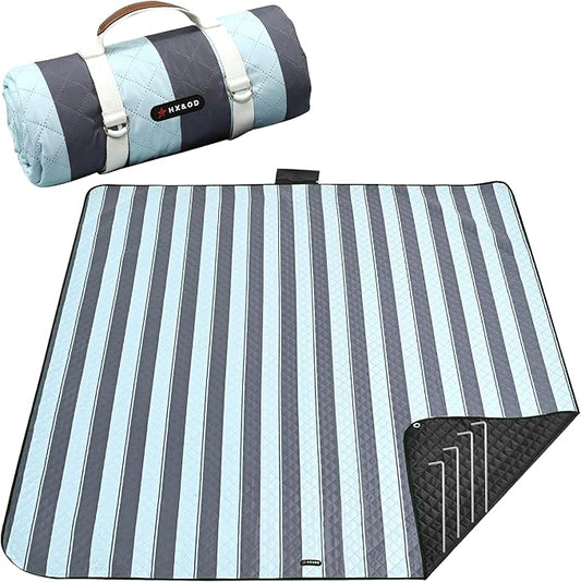 HX&OD Outdoor Picnic Blanket Extra Large, 80''*80'' Waterproof Picnic Mat with Stakes Foldable Camping Blanket Portable with Carry Strap for Beach Mat (Grey& Green, 80''*80'')