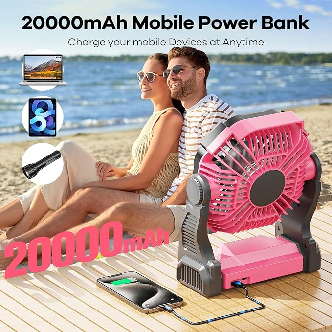 20000mAh Portable Battery Powered Camping Fan - with LED Light, Quiet Battery Operated, Camping Gear for Travel, Tent, Beach, Car or Hurricane Power Outages, Pink