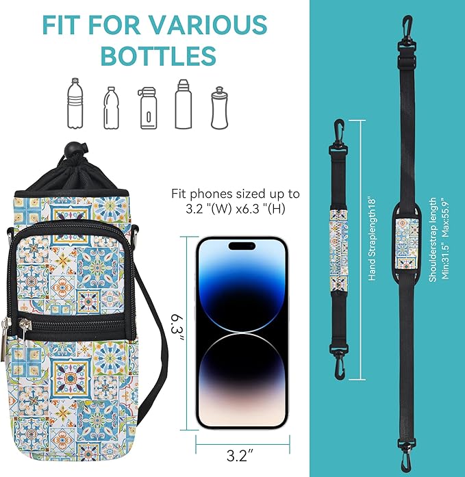 icolor Water Bottle Carrier Bag with Strap 25/32/40 oz Crossbody Bottle Holder with Phone Pocket Sling Sleeve Insulated Neoprene Water Bottle Pouch for Walking Travelling