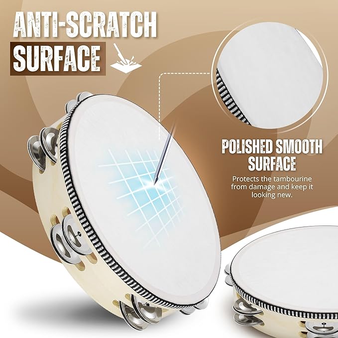 Flexzion Handheld Tambourine - 8 & 6 Inch Set of 2 Pack, Double Row 12 Pair Metal Jingles, Percussion Drum Moon Musical Educational Instrument for Adults Classroom Gift Party (Wood)