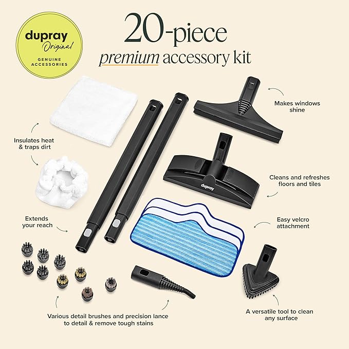Dupray Neat Steam Cleaner with 20-piece Accesory Kit. For Multipurpose steam Cleaning Hardwood, Tile, Laminate and Sealed Floors, Couch, Furniture and more. *Kills 99.9% of Bacteria and Viruses