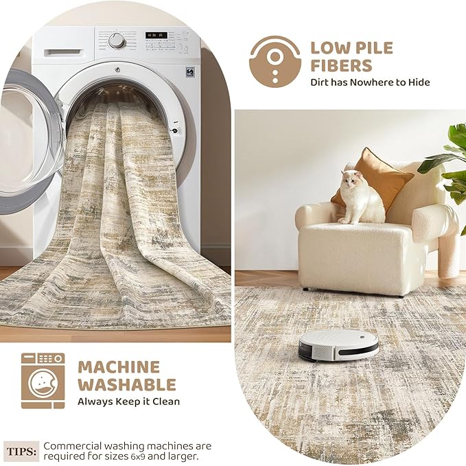 2x3 Entryway Area Rugs: Washable Neutral Abstract Small Rug Door Mat Non-Slip Soft Low Pile Indoor Carpe for Entrance Kitchen Front Door Bathroom Entry Kids Room - Golden Brown