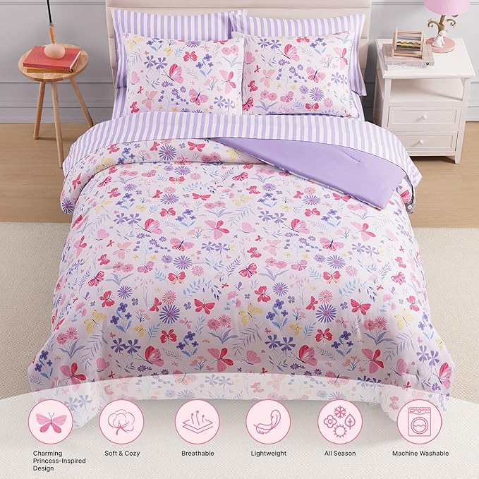 Twin Comforter Set with Sheets for Girls-5 Pieces Twin Bedding Sets with Pink Comforter, Sheets, Pillowcase & Sham for Kids (Cute Botanical Flowers, 66" X 86")