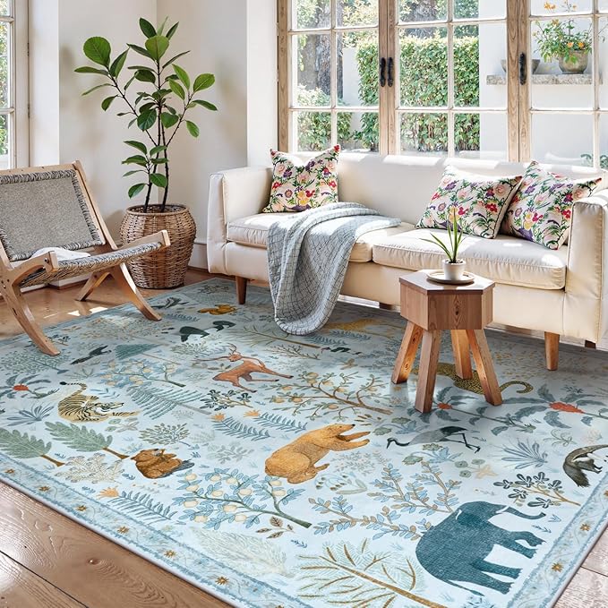 OJIA Animal Print Washable Area Rug 5x7, Soft Nursery Rugs for Living Room Ultra-Thin Non-Shedding Kids Bedroom Rug, Stain Resistant Throw Rug Large Carpet for Dining Room, Light Blue